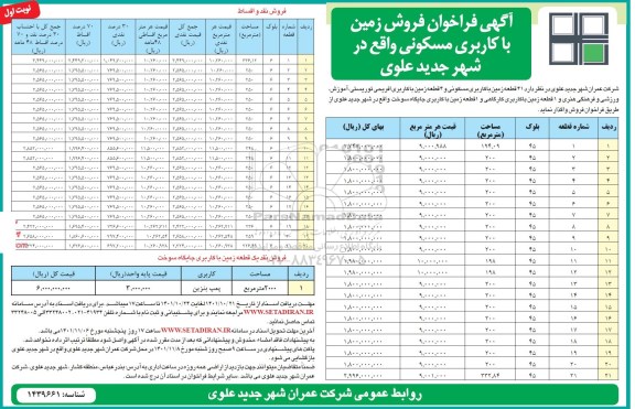 فراخوان فروش زمین با کاربری مسکونی 
