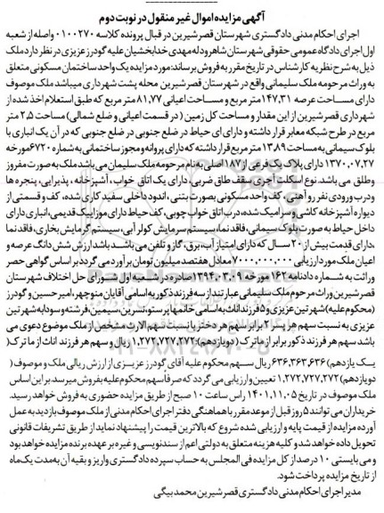 مزایده ملک مساحت عرصه 147.31 مترمربع نوبت دوم 