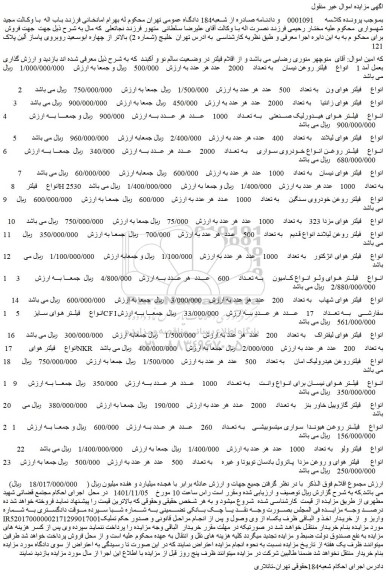 مزایده فروش انواع     فیلتر روغن نیسان     به تعداد     2000    عدد  و...