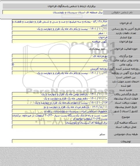 مناقصه, نصب، تست و راه اندازی یکدستگاه پست سیار ۲۰/۲۳۰ کیلوولت در میرجاوه، برکناری پست ۲۰/۶۳ کیلوولت موجود م