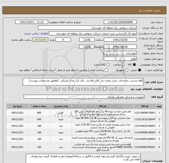 استعلام کوله پشتی، جامدادی، تراش مخزن دار، دفتر خط دار ، پاک کن، مداد مشکی  (مطابق مشخصات پیوست)