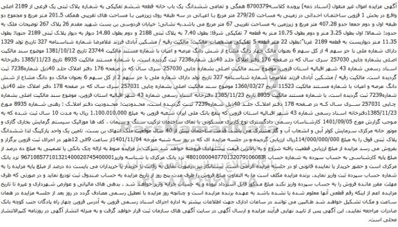 آگهی مزایده مال غیرمنقول (آگهی مزایده ششدانگ یک باب خانه قطعه ششم تفکیکی به شماره پلاک ثبتی یک فرعی از 2189 اصلی