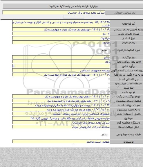 مزایده, مزایده فروش قطعات اسکراپ پره های ثابت و متحرک توربین گازی F۵