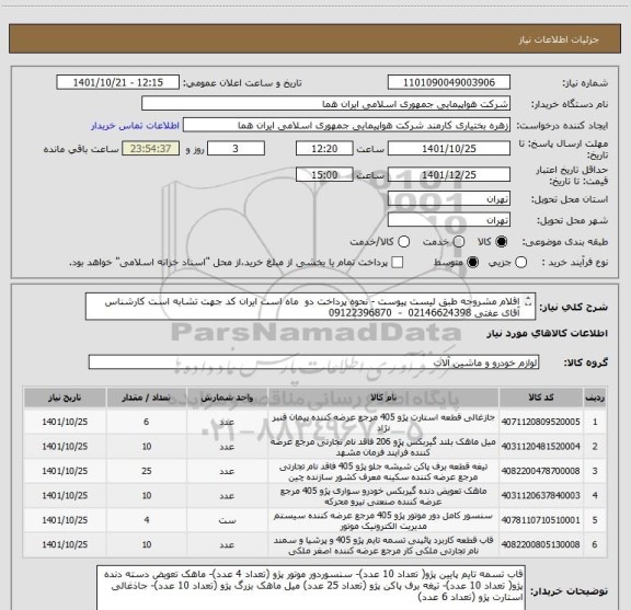 استعلام اقلام مشروحه طبق لیست پیوست - نحوه پرداخت دو  ماه است ایران کد جهت تشابه است کارشناس آقای عفتی 02146624398  -  09122396870