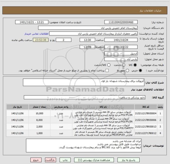 استعلام آنزیوکت برای بیمارستان شهداء- بار اول
