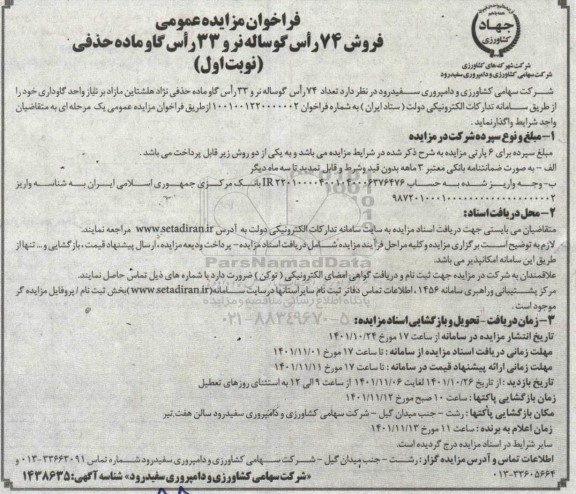 آگهی مزایده عمومی فروش 74 راس گوساله نر 