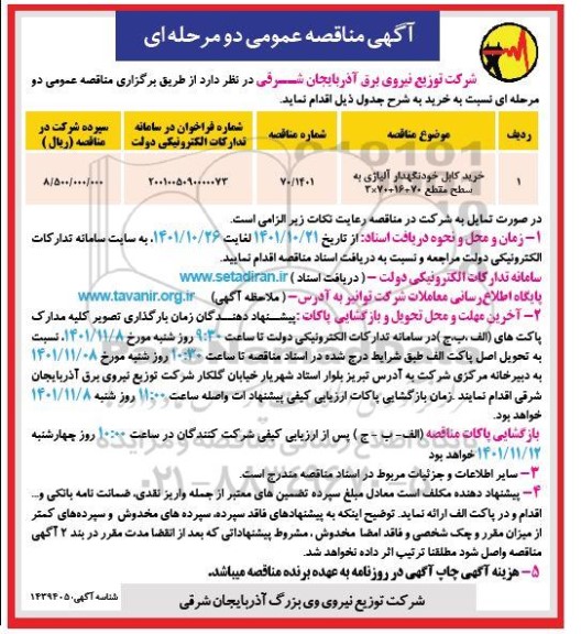 مناقصه عمومی خرید کابل خودنگهدار آلیاژی