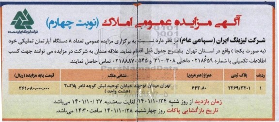 مزایده تعداد 8 دستگاه آپارتمان تملیکی