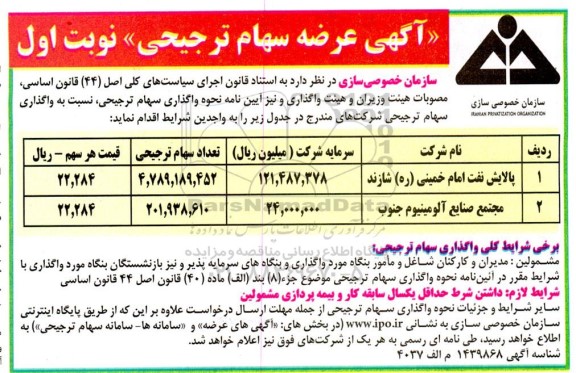 مزایده عرصه سهام ترجیحی