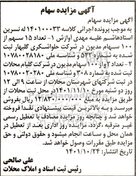 مزایده 15 سهام از 100 سهام مدیون در شرکت حلواشکری 