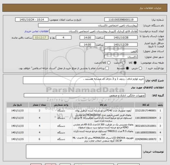 استعلام خرید لوازم ادای . ردیف 1 و 3 دارای کد مشابه هستند .