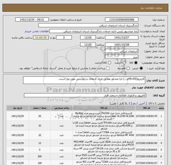 استعلام کارتریج(05+49و...) تارا مشاور مطابق ایران کدهای درخواستی مورد نیاز است.