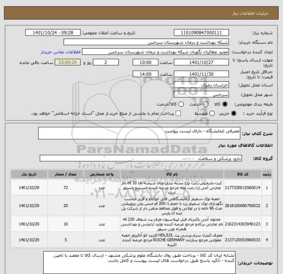 استعلام مصرفی ازمایشگاه - دارای لیست پیوست