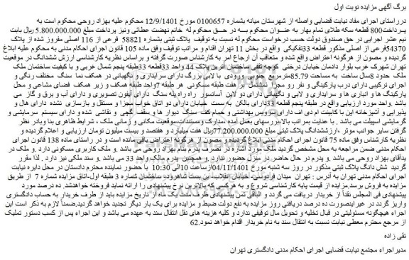 مزایده فروش پلاک ثبتی بشماره 58821 فرعی از 116 اصلی مفروز شده از پلاک 54370فرعی از اصلی مذکور قطعه 33تفکیکی