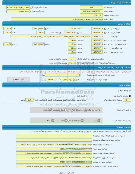 مزایده ، فروش زمین بیدکردوییه شهرستان بافت  -مزایده ساختمان  - استان کرمان