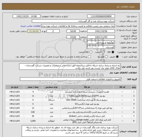 استعلام راه اندازی و پیاده سازی شبکه داخلی ساختمان امور اداری-مالی و مخابرات و تعمیرات شرکت گچساران - ملاک کالای مورد نیاز، لیست روز بازدید می باشد.