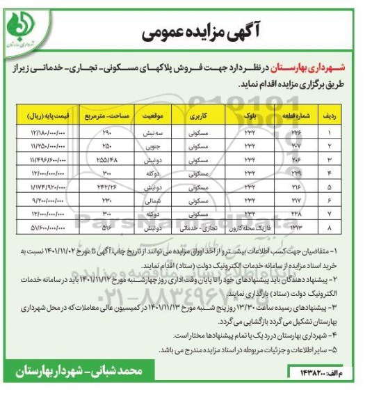 مزایده فروش پلاکهای مسکونی-تجاری-خدماتی