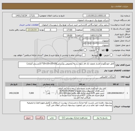 استعلام کابل خودنگهدار فشار ضعیف تک فاز چهار رشته مخصوص روشنایی25+25+25+25*1(مسنجر آلیاژی)