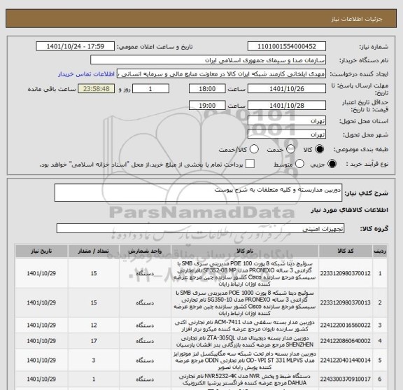 استعلام دوربین مداربسته و کلیه متعلقات به شرح پیوست