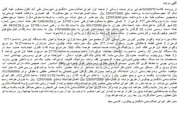 مزایده فروش عرصه واعیان یک دستگاه آپارتمان به شماره 577 فرعی از 5 اصلی قطعه 6 تفکیکی مفروز ومجزی شده از 377