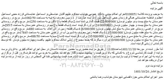 مزایده فروش زمین معروف به تپه به مساحت 1082/50متر مربع
