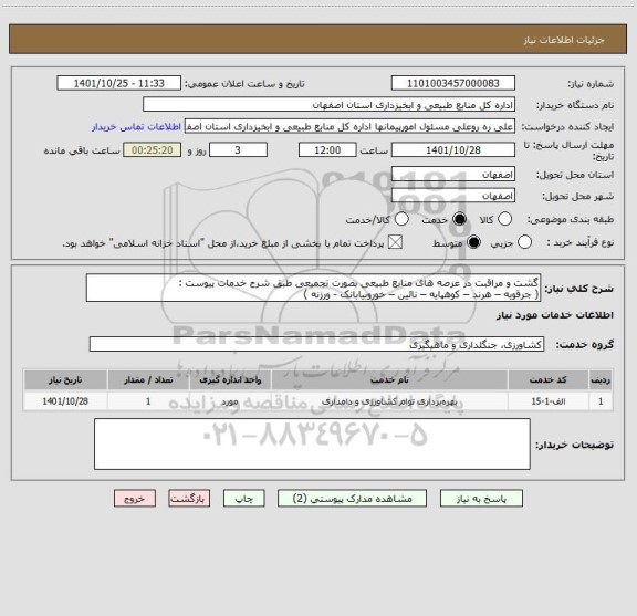 استعلام گشت و مراقبت در عرصه های منابع طبیعی بصورت تجمیعی طبق شرح خدمات پیوست :
( جرقویه – هرند – کوهپایه – نائین – خوروبیابانک - ورزنه )