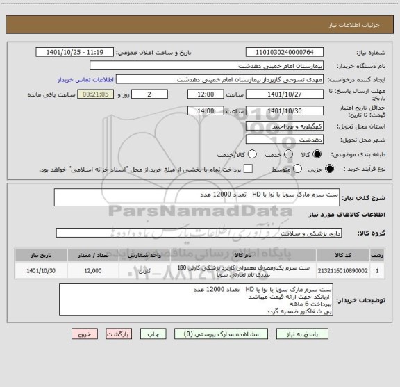 استعلام ست سرم مارک سوپا یا نوا یا HD   تعداد 12000 عدد