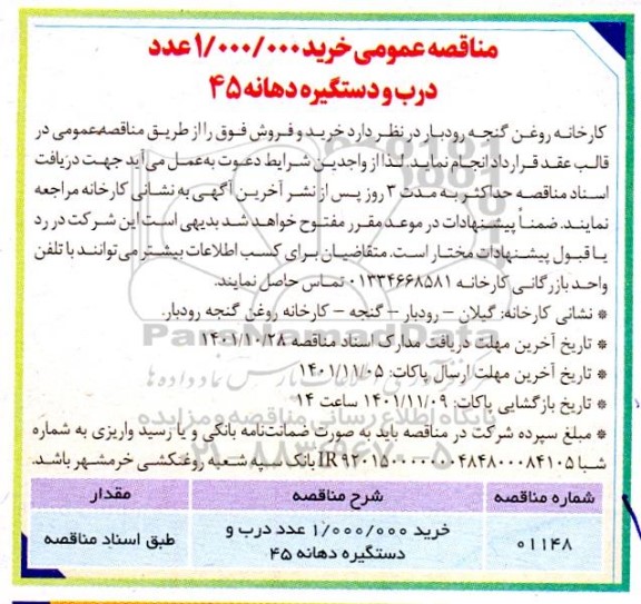 مناقصه خرید 1.000.000 عدد درب و دستگیره دهانه 45