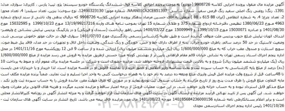 آگهی مزایده ششدانگ یکدستگاه خودرو سیستم: پژو، تیپ: پارس