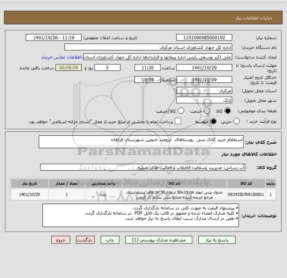 استعلام استعلام خرید کانال بتنی  روستاهای  آرزومند خنجین شهرستان فراهان