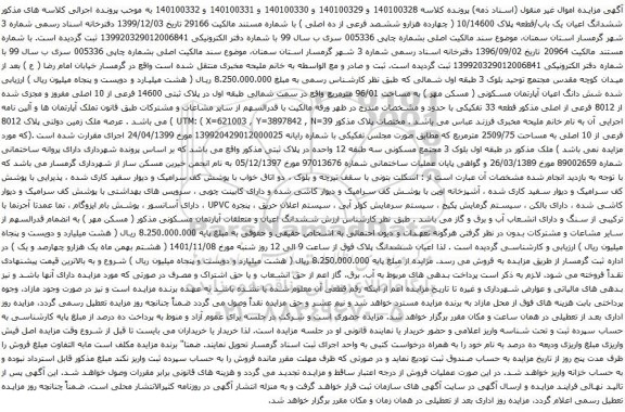 آگهی مزایده ششدانگ اعیان یک باب/قطعه پلاک 10/14600 