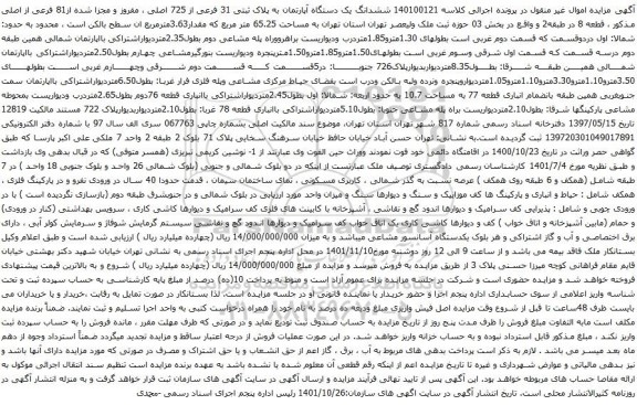 آگهی مزایده ششدانگ یک دستگاه آپارتمان به پلاک ثبتی 31 فرعی از 725 اصلی ، مفروز و مجزا شده از81 فرعی از اصلی