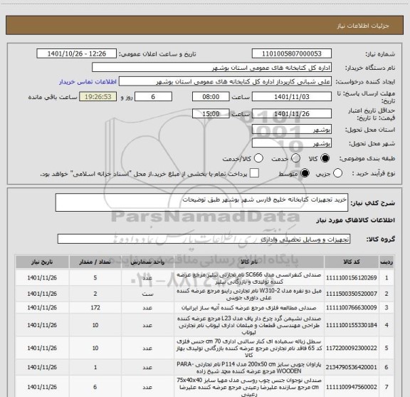 استعلام خرید تجهیزات کتابخانه خلیج فارس شهر بوشهر طبق توضیحات