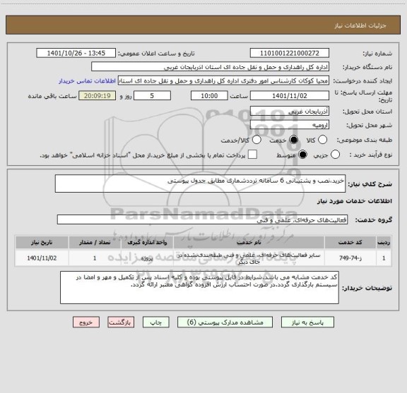 استعلام خرید،نصب و پشتیبانی 6 سامانه ترددشماری مطابق جدول پیوستی