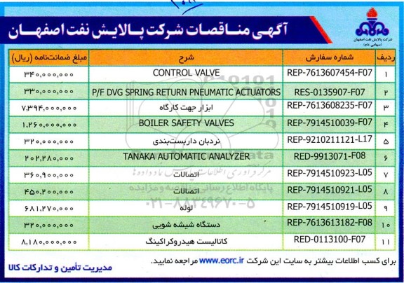 مناقصه CONTROL VALVE....