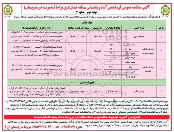 مناقصه تامین اقلام (شنیسل مرغ...) نوبت دوم 