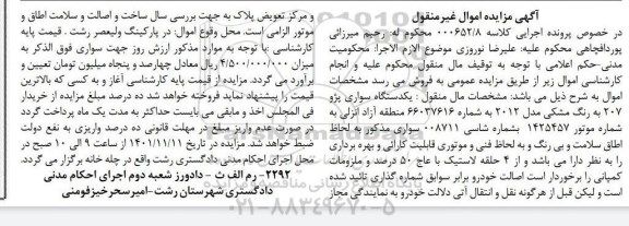 مزایده فروش یک دستگاه سواری پژو تیپ 207 به رنگ مشکی مدل 2012