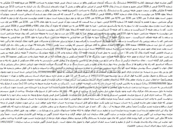 آگهی مزایده ششدانگ یک دستگاه آپارتمان مسکونی واقع در سمت شمال غربی طبقه چهارم به مساحت 58/99 متر مربع