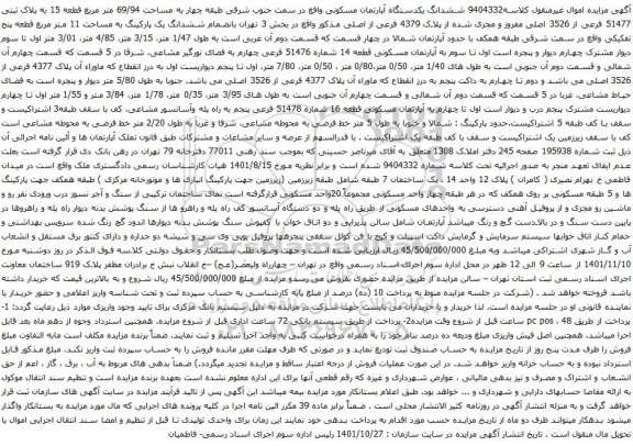 آگهی مزایده ششدانگ یکدستگاه آپارتمان مسکونی واقع در سمت جنوب شرقی طبقه چهار به مساحت 69/94 متر مربع قطعه 15 به پلاک ثبتی 51477 فرعی از 3526 اصلی