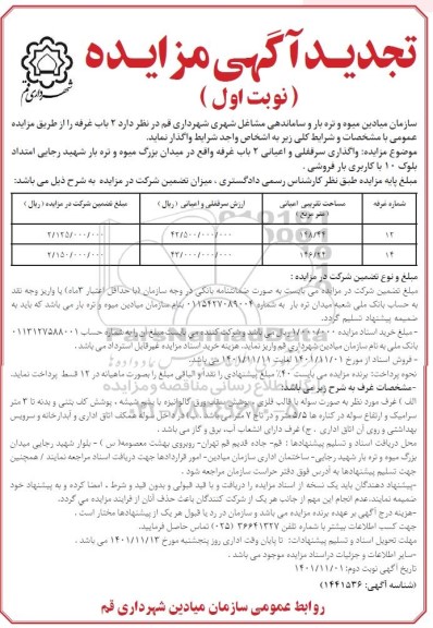 تجدید مزایده واگذاری 2 باب غرفه