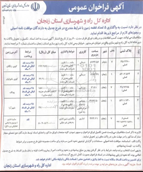 مزایده واگذاری 5 تعداد قطعه زمین