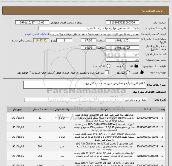 استعلام 6 قلم کابل شبکه و مخابراتی طبق مشخصات فایل پیوست