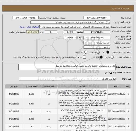 استعلام ملزومات بسترهای حفاظت کاتدیک مطابق ایرانکد و دیتاشیت پیوست