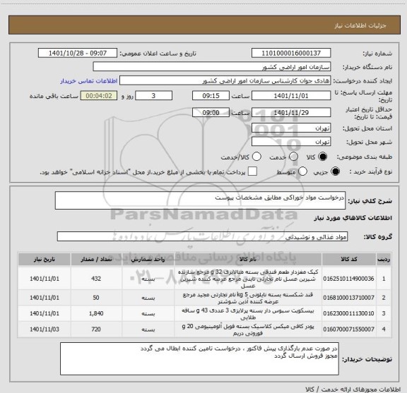 استعلام درخواست مواد خوراکی مطابق مشخصات پیوست