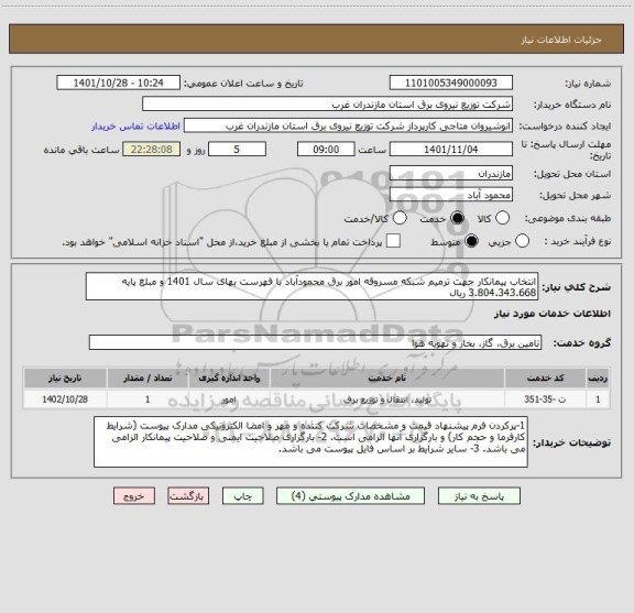 استعلام انتخاب پیمانکار جهت ترمیم شبکه مسروقه امور برق محمودآباد با فهرست بهای سال 1401 و مبلغ پایه 3.804.343.668 ریال