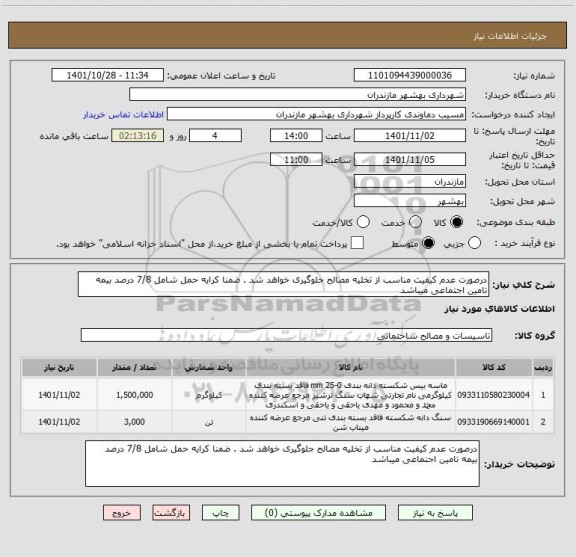 استعلام درصورت عدم کیفیت مناسب از تخلیه مصالح جلوگیری خواهد شد . ضمنا کرایه حمل شامل 7/8 درصد بیمه تامین اجتماعی میباشد