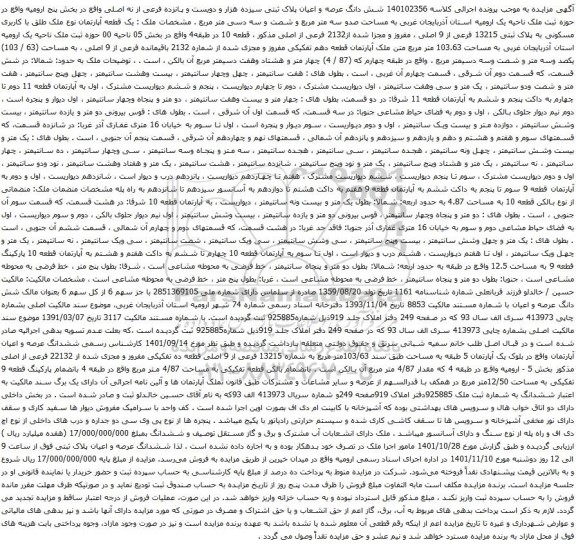 آگهی مزایده شش دانگ عرصه و اعیان پلاک ثبتی سیزده هزار و دویست و پانزده فرعی از نه اصلی