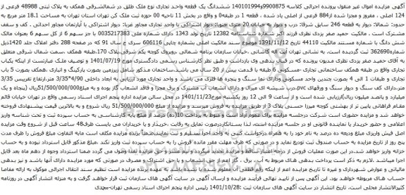 آگهی مزایده ششدانگ یک قطعه واحد تجاری نوع ملک طلق در شمالشرقی همکف به پلاک ثبتی 48988 فرعی از 124 اصلی ، مفروز و مجزا شده از884 فرعی از اصلی 