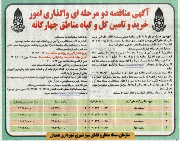 مناقصه واگذاری امور خرید و تامین گل و گیاه مناطق چهارگانه 