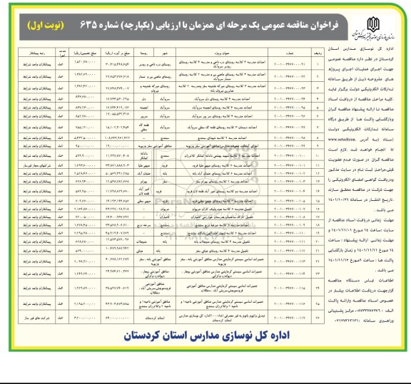 فراخوان مناقصه احداث مدرسه 3 کلاسه روستای  و...